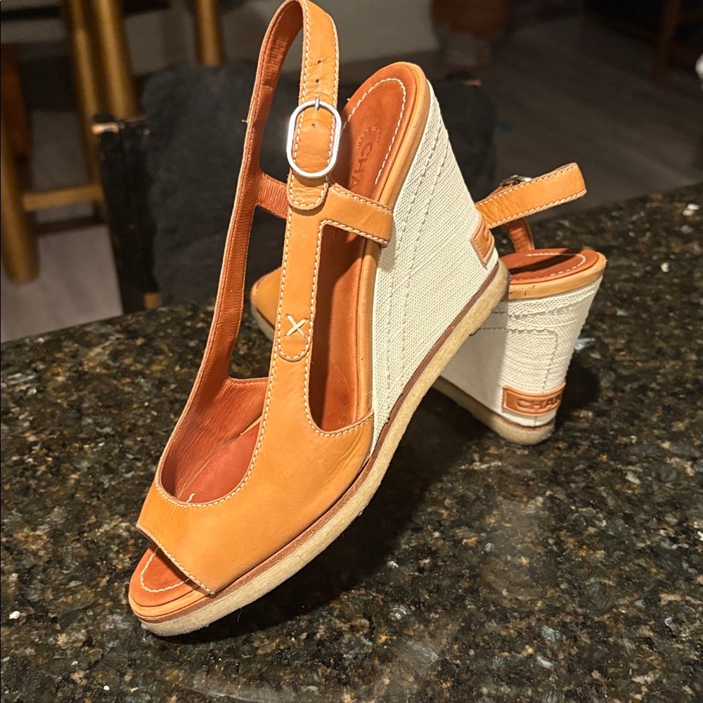 CHANEL Cream and Tan Wedge Sandals
